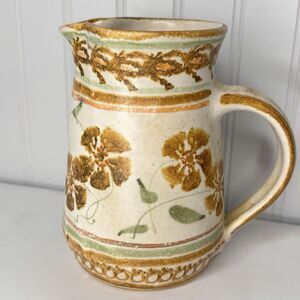 Vintage Art Studio Pottery Pitcher Stoneware Floral Earth Tone Signed Floral MCM
